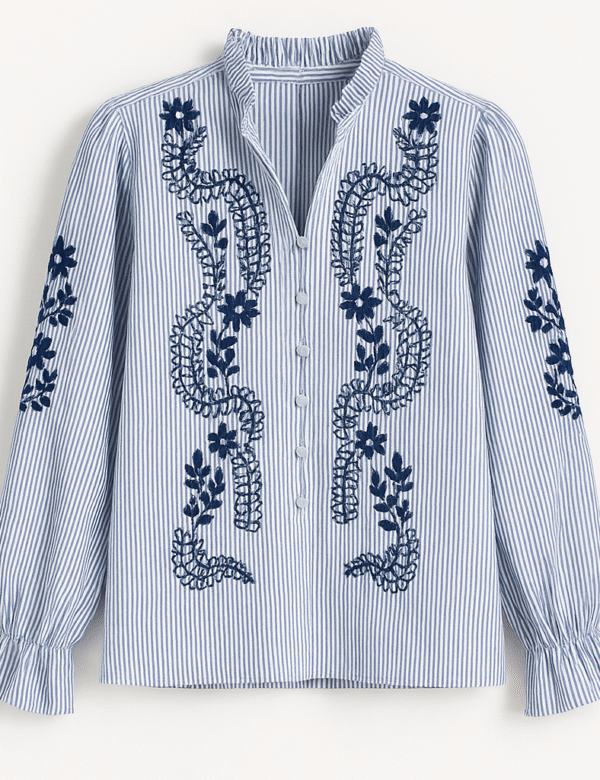 comprar Blusa de rayas azul/blanco con bordado azul marino, cuello mao fruncido, botones forrados y manga larga con puño fruncido. Corte relajado.